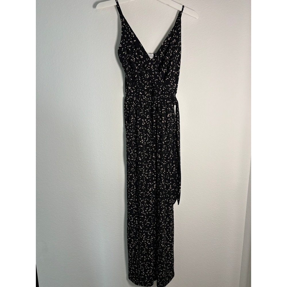 Kaileigh Black White Confetti Print Wide Leg Jumpsuit XSP Petite V-Neck